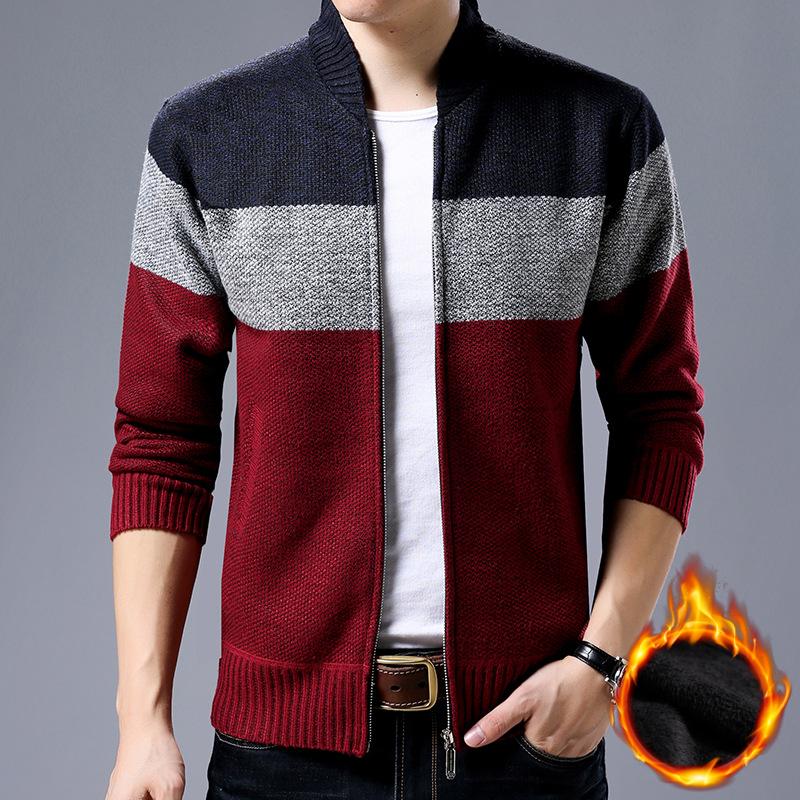 

Осенне-зимняя мужская куртка с длинными рукавами и воротником-стойкой, подобранная по цвету, толстая полосатая куртка, свитер, модный мужской персонализированный свитер S красный