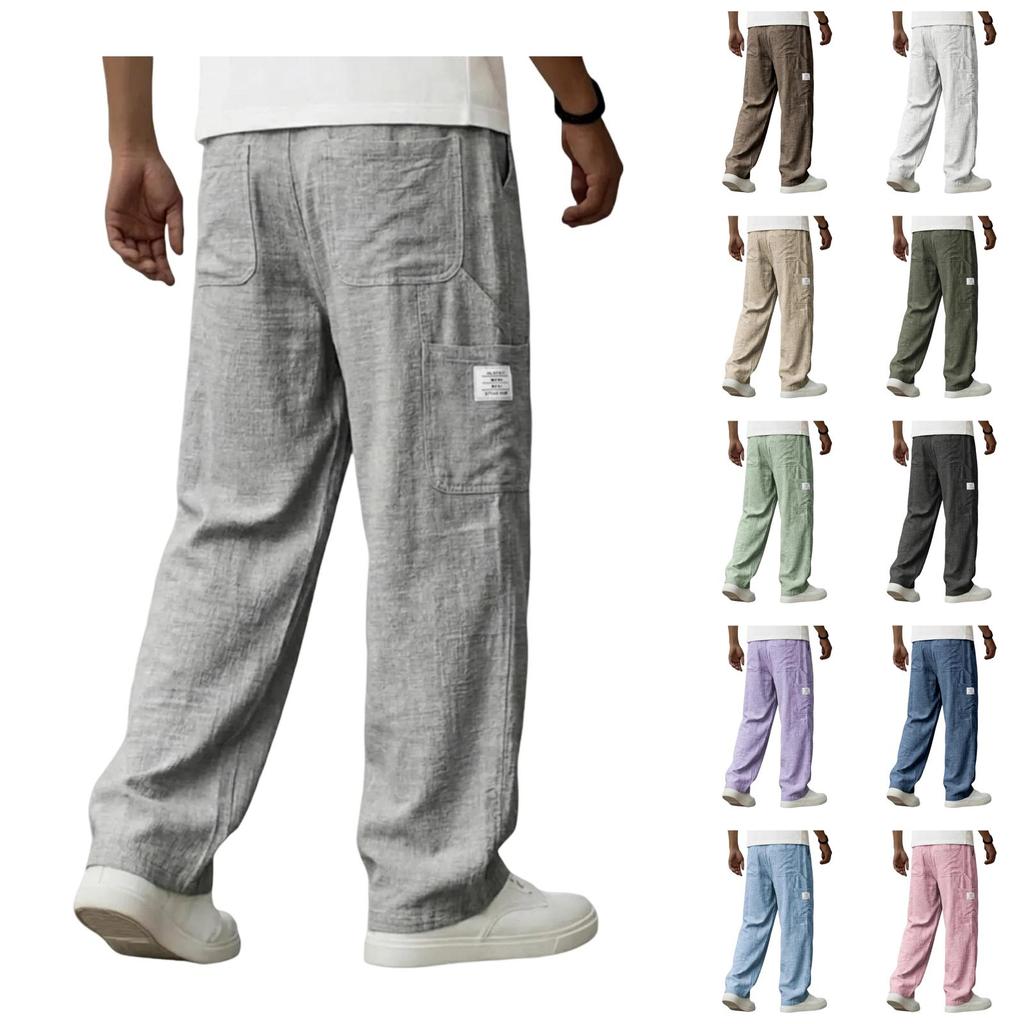 Men's Cotton Linen Casual Pants with Pockets Color Breathable Trousers for Summer