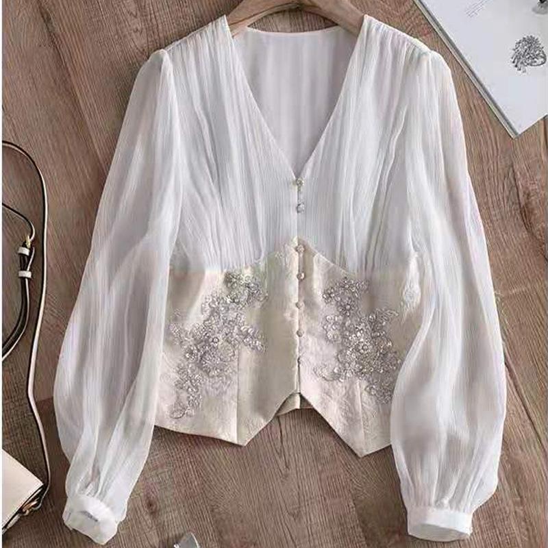 Elegant V-Neck Lantern Sleeve Silk Top - Women's Palace Style Spring Shirt