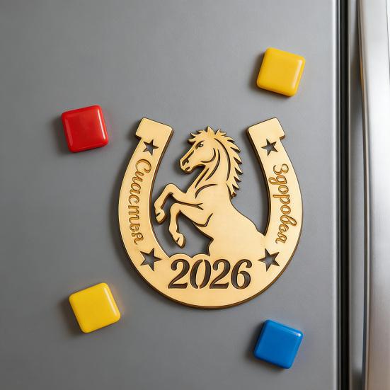 1/2/3Pcs 2026 Year of The Horse Fridge Magnet Rustic Wooden Auspicious Horseshoe Fridge Magnet Chinese New Year Home Office Kitchen Decoration