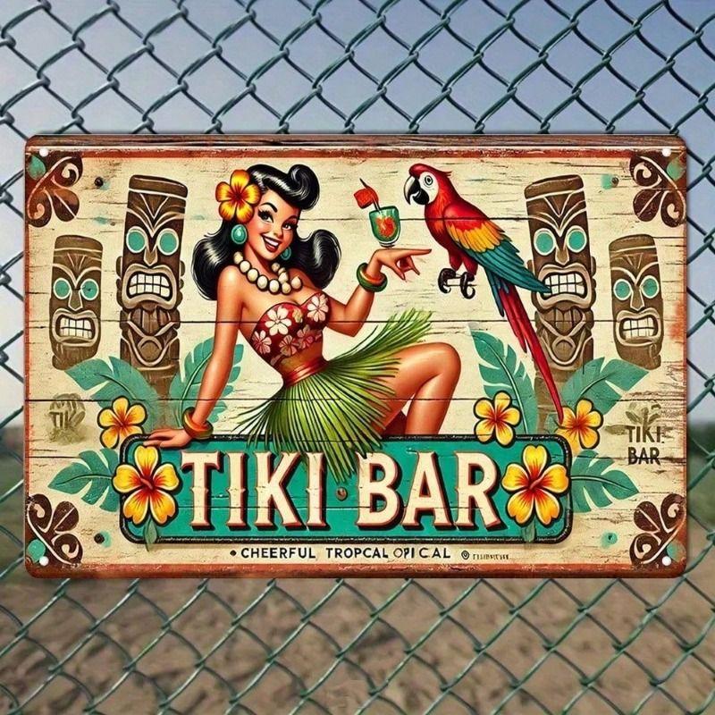 

Metal Wall Art Vintage Tiki Bar Tropical Dancer with Parrot for Home Garage