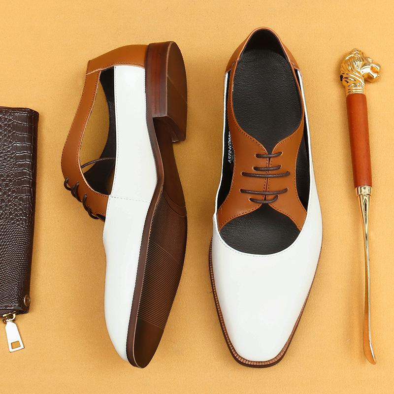 Sandalen Herren Leder Hohl Sommer Britische Mode Business Casual Eckiger Zeh Weiche Sohle Weiße Lederschuhe