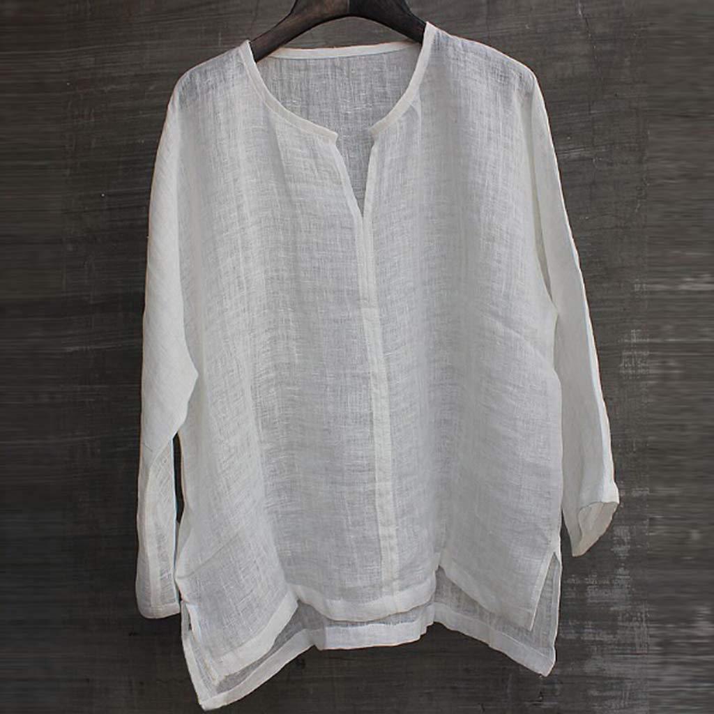 Men's And Women's Fashion Matching Cotton-Linen Solid Color Casual Loose V-Neck Long-Sleeved Shirt T-Shirt Top