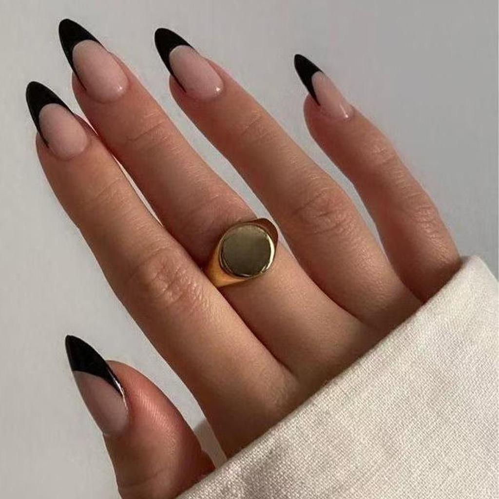 New Black Almond Shape Wearable Nail Tips - French & American Style