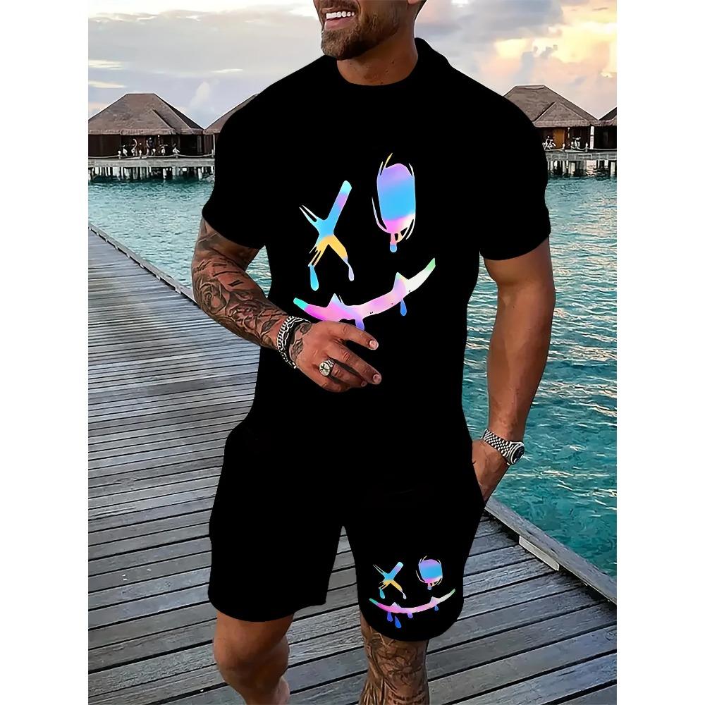 3D Demon Face Print Men Short Sleeve T-Shirt Shorts Two Piece Sets Hip Hop Trend Harajuku Streetwear Summer Casual Outfit