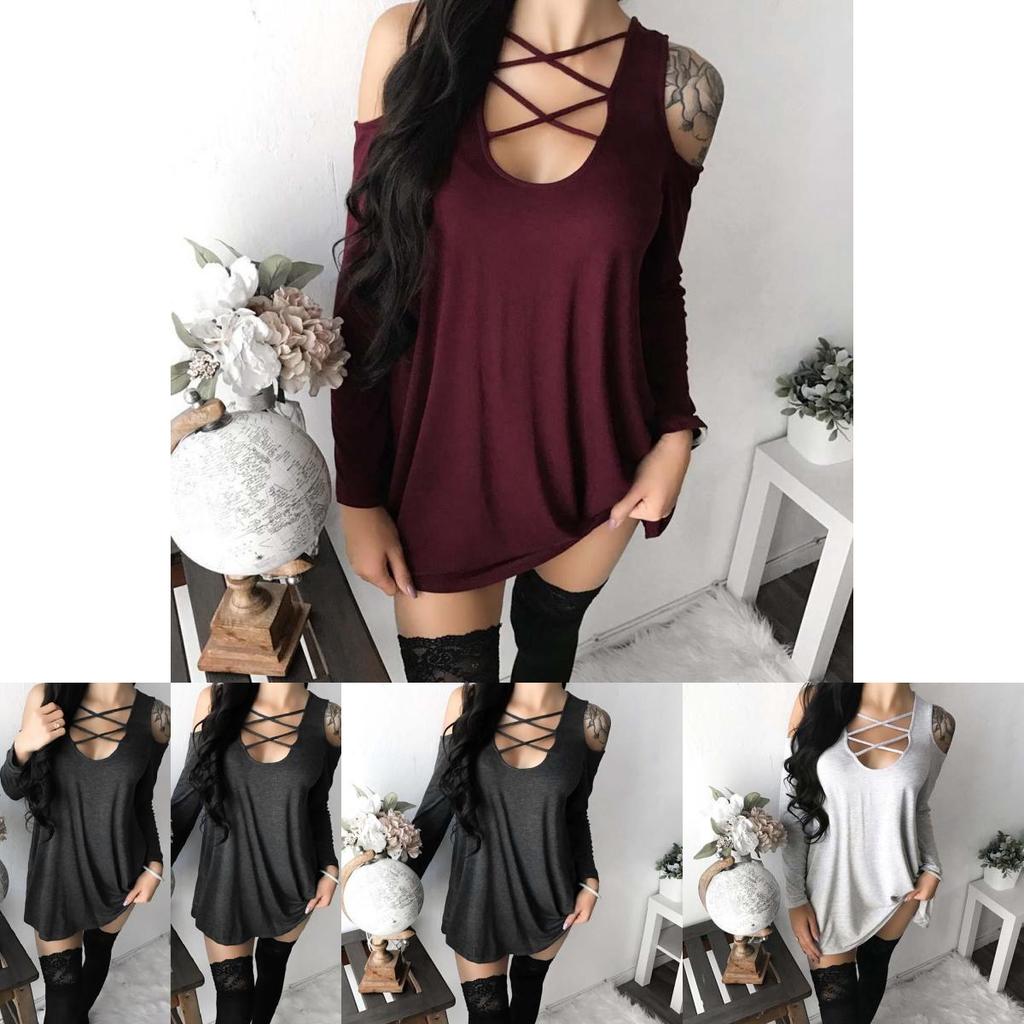 Summer Fashion Womens Sexy Off Shoulder Bandage Blouse Long Shirt Tops Sleeve