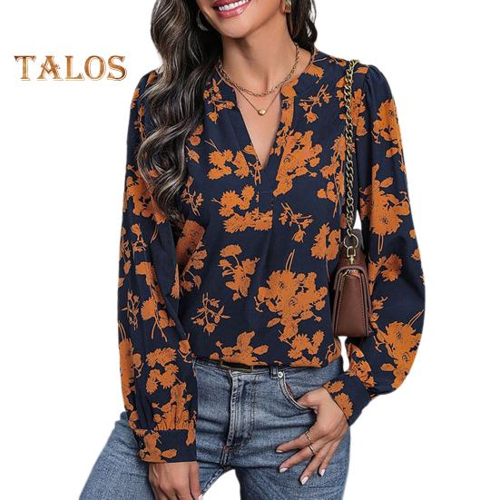 

Женская рубашка с воротником-стойкой и V-образным вырезом, с длинным рукавом и принтом, свободный крой, тонкая повседневная рубашка, повседневная одежда S темно-синий