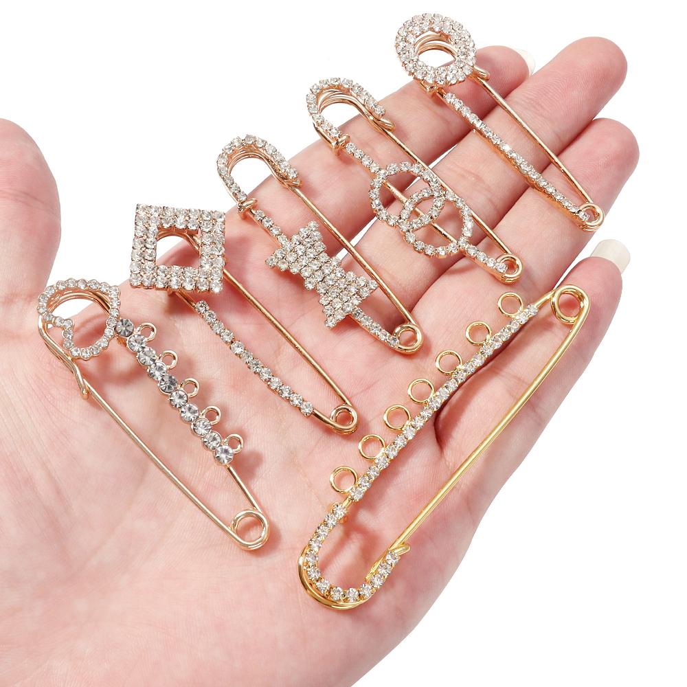 2pcs/lot Alloy Rhinestone Brooches Gold Silver Color Fixed Pins Brooch For Women Dress Safety Pin Brooches DIY Jewelry Making