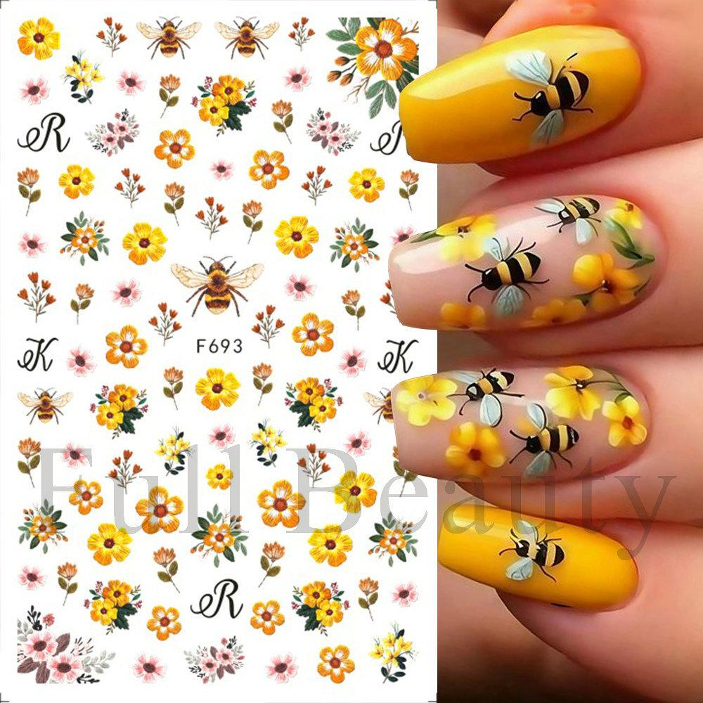 Nail Art Sticker Ins Small Fresh Yellow Flower Bee Chrysanthemum Back Glue Nail Sticker