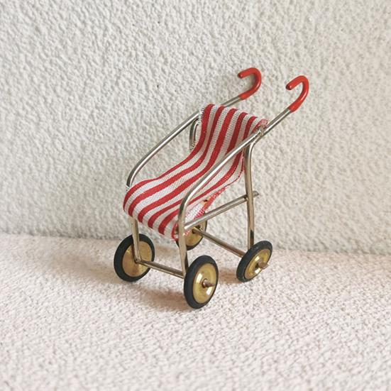 Mini Stroller Doll Accessories Metal Frame Fabric Seat Realistic Stroller Miniature Collectible Tiny Trolley for Doll Mansion Decoration Photo Prop