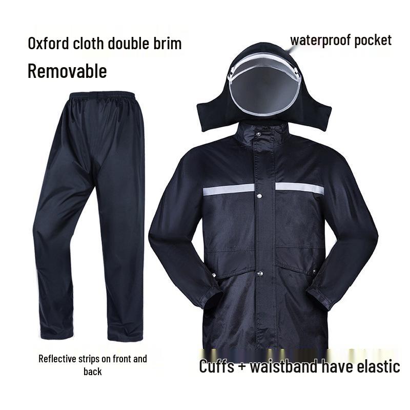 Men's Black Reflective Full-Body Raincoat and Pants Set for Motorcycle Riding