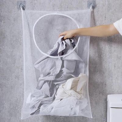 Foldable Mesh Dirty Clothes Storage Bag with Hook - Wall Hanging Laundry Basket Frame Bucket for Clothing Org