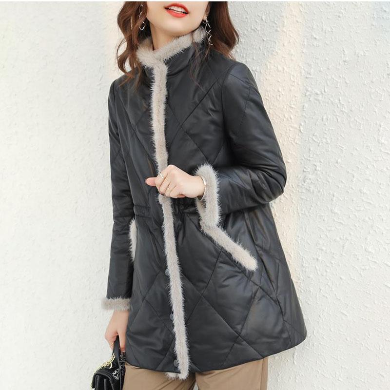 Winter Women's Thickened  Padded Jacket Stand Collar Slim Fit Padded PU Leather Coat