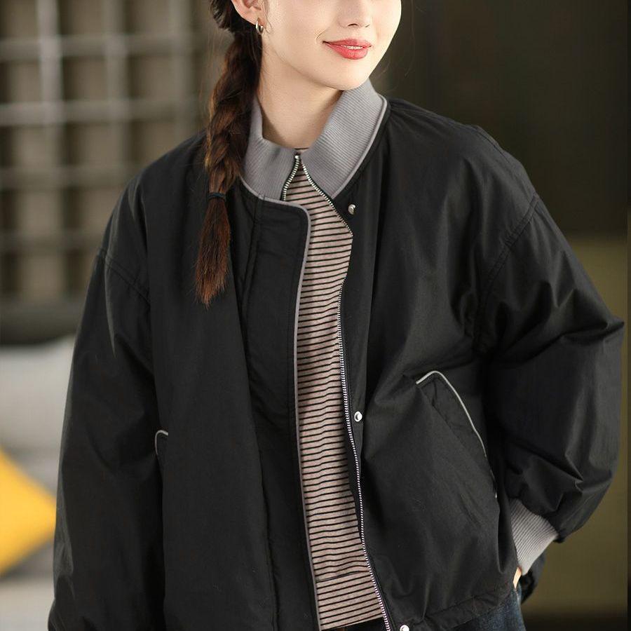 

Women s Retro Quilted Color Block Jacket: Ribbed Collar, Long Sleeve, Warm Padded for Autumn/Winter. One Size, recommended for up to 150 lbs