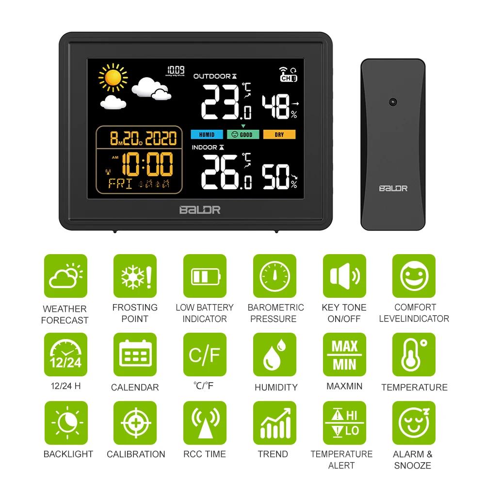 Baldr Weather Station Wireless In/Outdoor Hygrometer Color Thermometer Alert Wall Alarm Clock Pressure Forecast Trend Monitor