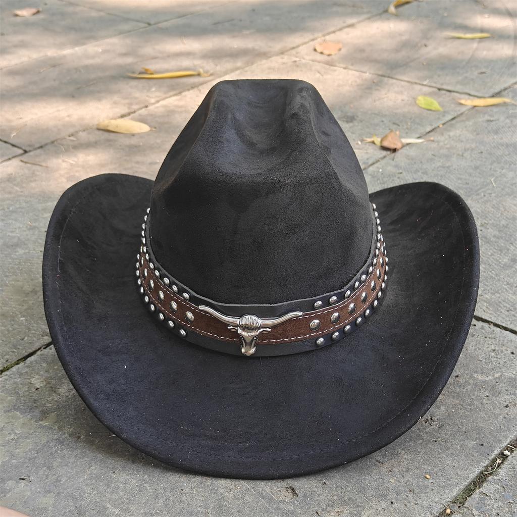 Retro Suede Leather Western Cowboy Fedora Hat For Men Women Bull Head Accessories Fashion Travel Party Hat Denim Hat Sombrero