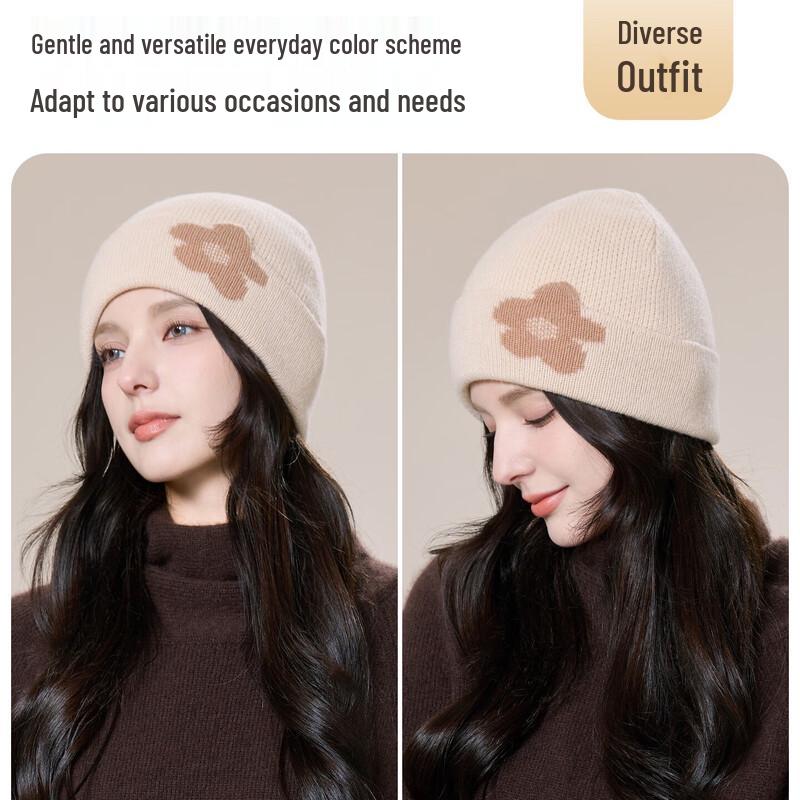 JIUMU Women's Pure Wool Double-Layer Knitted Beanie Hat