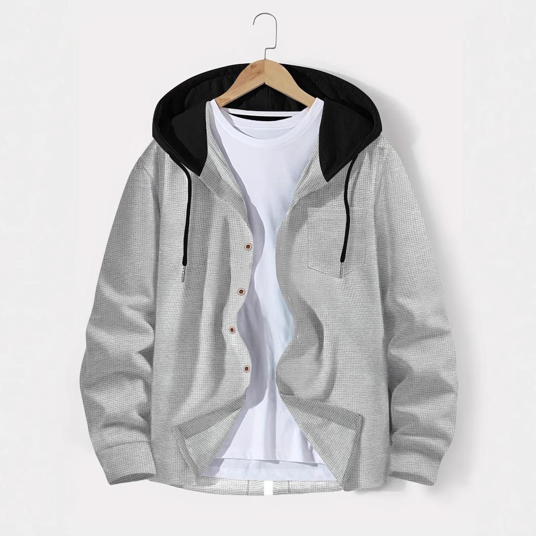 

2026 Autumn Men s Color Block Waffle Knit Button-Up Hooded Cardigan Jacket M серый