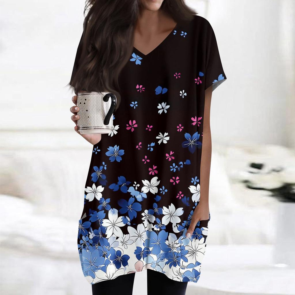 Topuri de damă cu decolteu în V Bluze cu mâneci scurte Cămăși ocazionale de lungime mijlocie Tunica cu imprimeu la modă Topuri cu buzunare