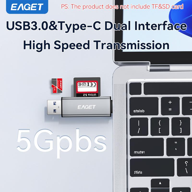 EAGET CR100 Aluminum Alloy 2-in-1 Multi Card Reader High Speed Type-C & USB3.0 SD & TF Card Support