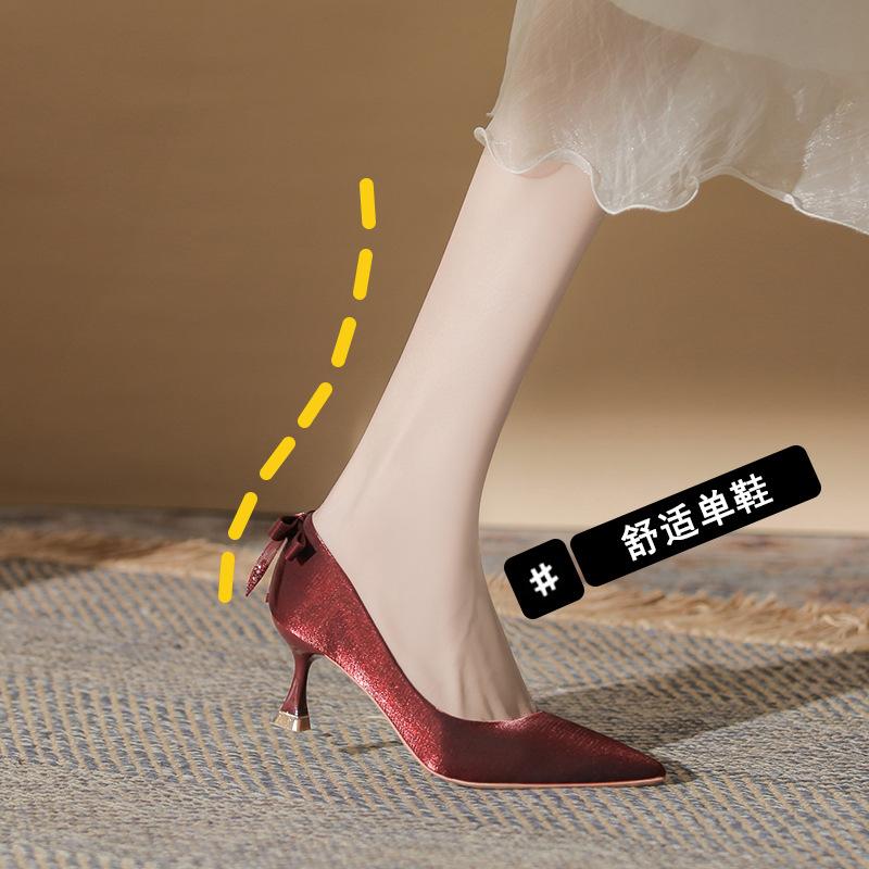 Temperament high-heeled women's single shoes fashion new autumn and winter bow burgundy wedding banquet versatile black women
