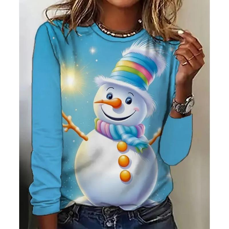Fashion Women's Crew Neck Long Sleeve 3D Casual Color Printing Casual Long Sleeve Crew Neck T-Shirt
