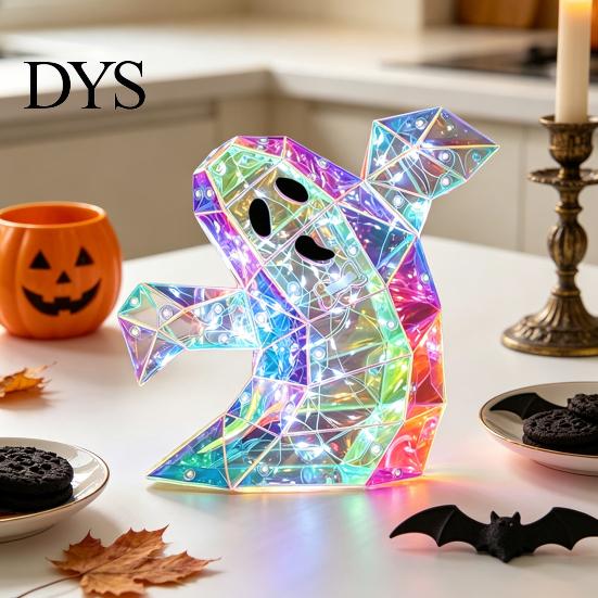 Cozy Bedroom Ambient Lighting Prismatic Iridescent Ghost Halloween Decoration, Spooky LED Prism-Effect Durable PET Ornaments Night Light for