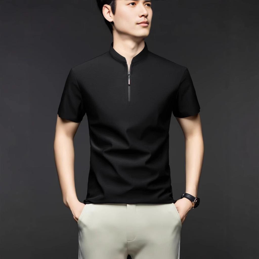 Men's Casual Fashion Solid Color Short Sleeved Polo Shirt Stand Up Collar Versatile Comfortable Top