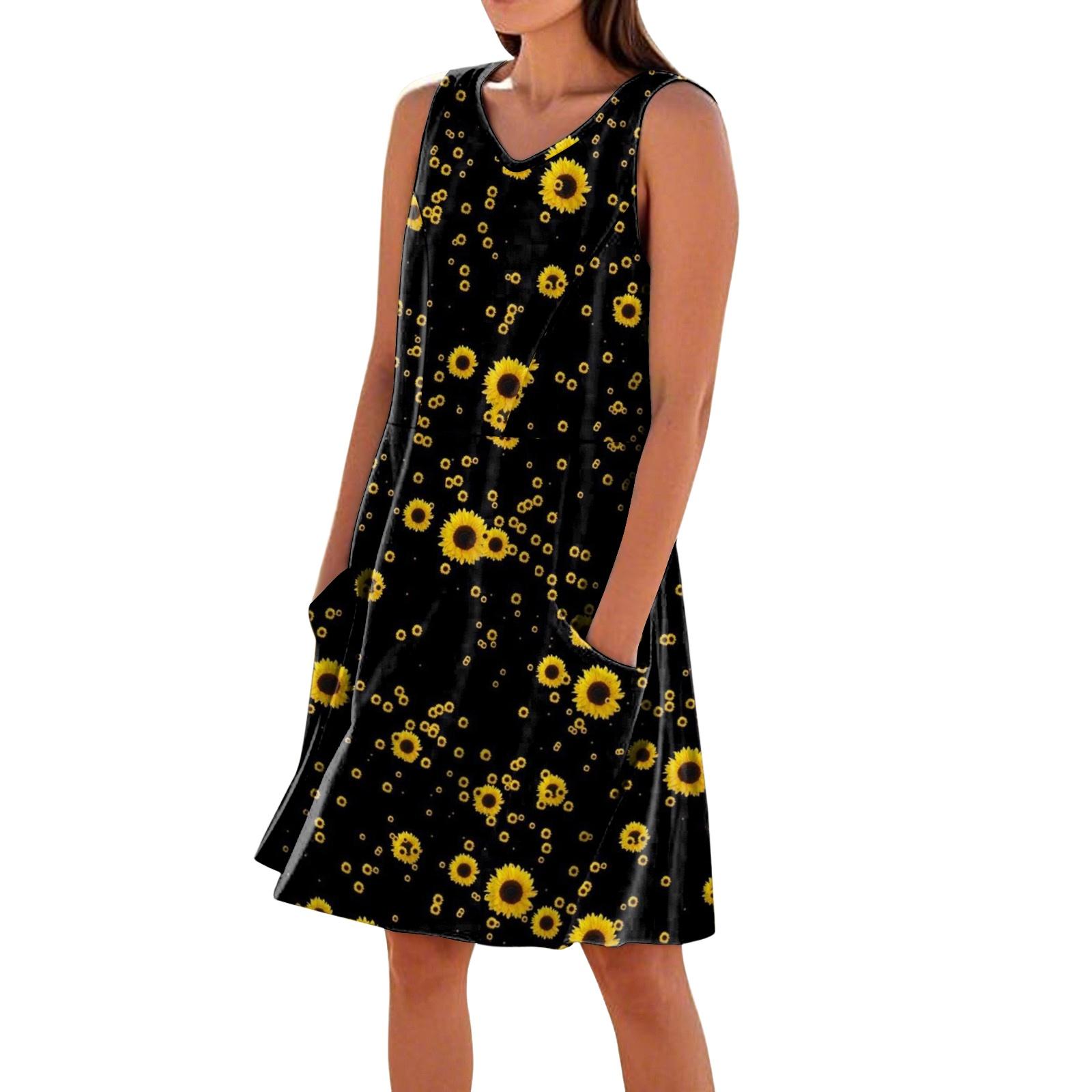 Women s Casual Printed Sleeveless V-Neck Pocket Dress L