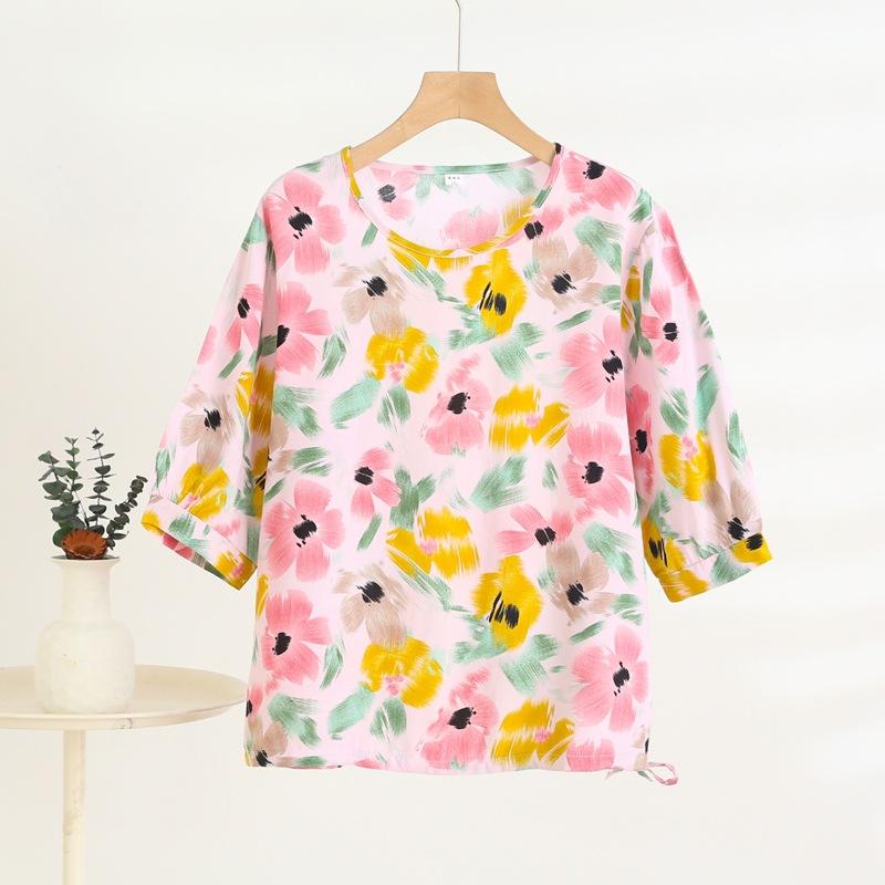 Mid-sleeved T-shirt, Sweet Floral Print, Stylish Drawstring Top, Summer Thin Plus-size Pullover