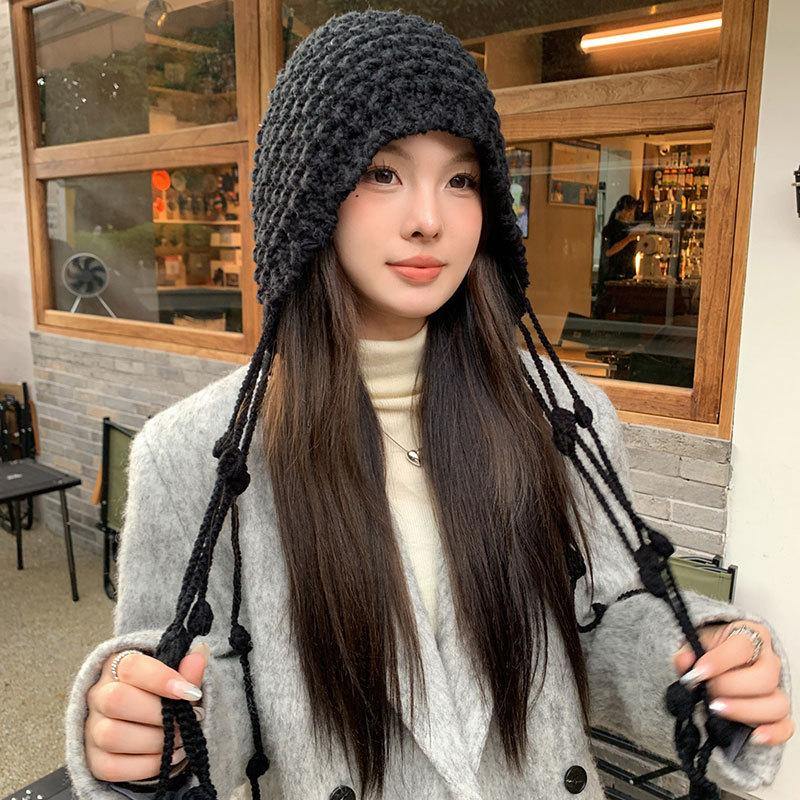 Handmade Fashion Shopping Fringed Warm Bag Hat Women Winter Ear Protection Tied Hat Knitted Wool Hat Tide
