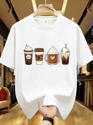 Milk Tea Printed Plus Size Women's Round Neck Summer Casual Short Sleeved Street Fashion Versatile T-shirt