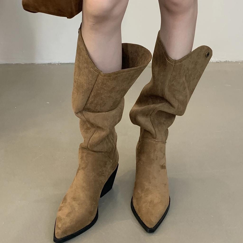 Retro Style Fold Button Women Knee-High Boots Fashion Pointed Toe Square Heels Casual Ladies Shoes De Mujer