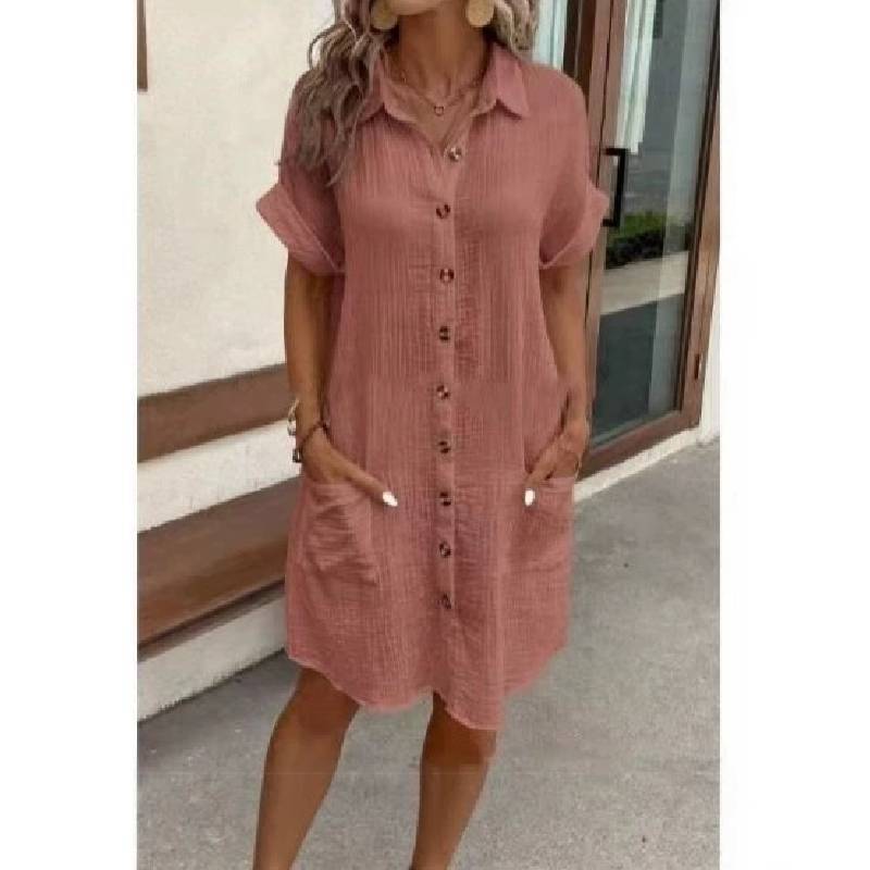 Günlük Yazlık Giyim İçin Düğme Detaylı Polyester A Kesim Elbise