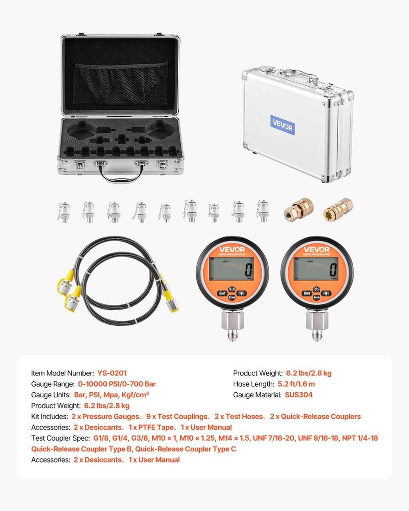 Digital Hydraulic Pressure Test Coupling Kit, 700 Bar Pressure Gauge Manometer Tester with 2 Gauges, 9 Test Couplings, 2 Quick-Release Couplers, 2