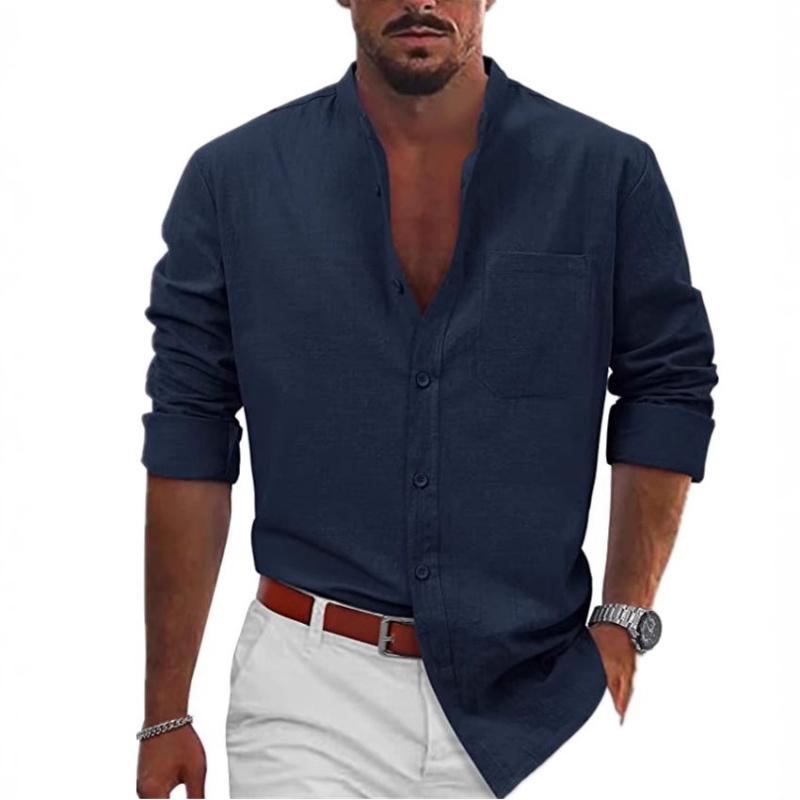 Men Latest Popular Casual Button-Up Long-Sleeve Cotton-Linen Shirt Beach Shirt Casual Shirt