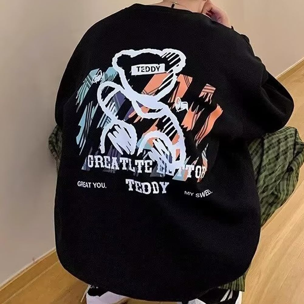 JIASEN Long Round Bear Print On Front and Soft To the Loose Men's Sweatshirt/Hoodie T-Shirt, Fall/Winter/Spring, Sleeve, Collar, Back, Casual,