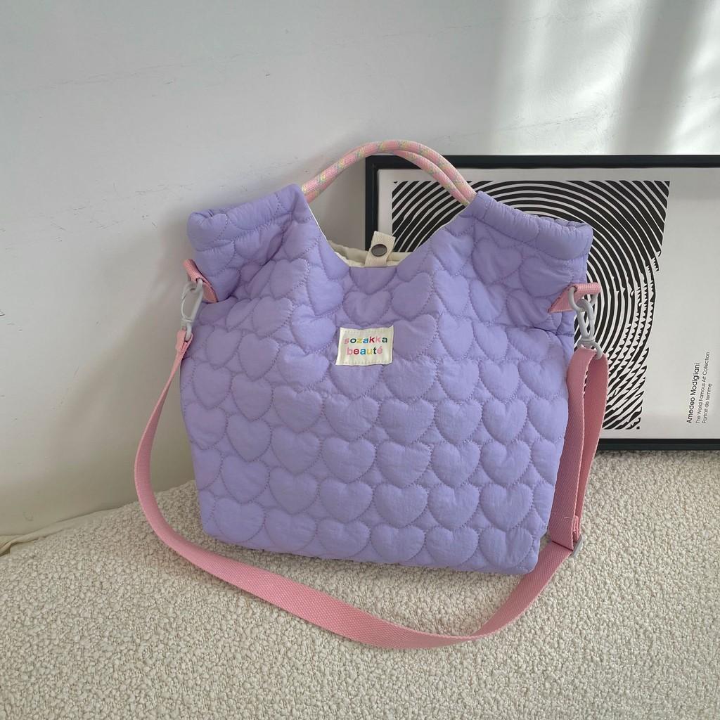 Spacious And Chic Heart Quilted Tote Bag In Multiple Colors For Casual Outings Heart Purple