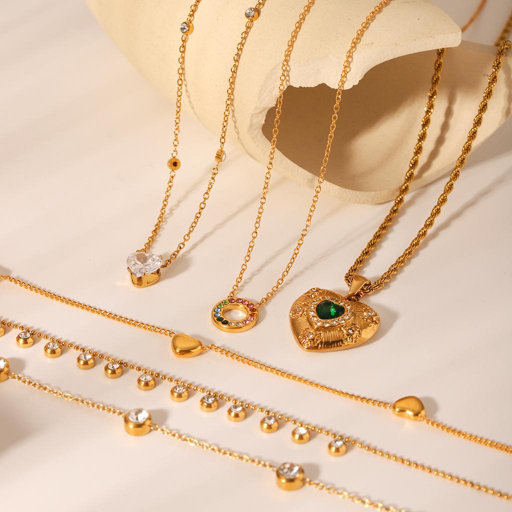 Zirconia Inlaid Heart Pendant Collarbone Necklace Titanium Steel Gold Tone Elegant Women's Chain