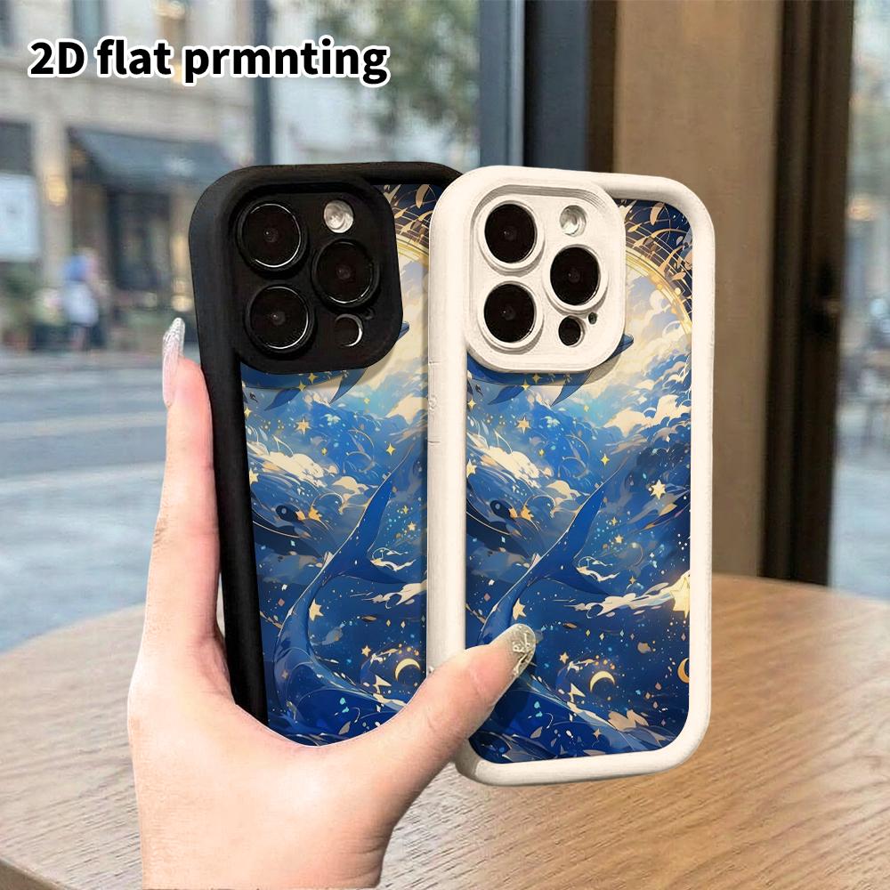 Phone case: 2D flat, suitable for iPhone 18 17 16 15 14 13 Pro protective case, Starry Sea Blue Whale, perfect Christmas and Halloween holiday gift