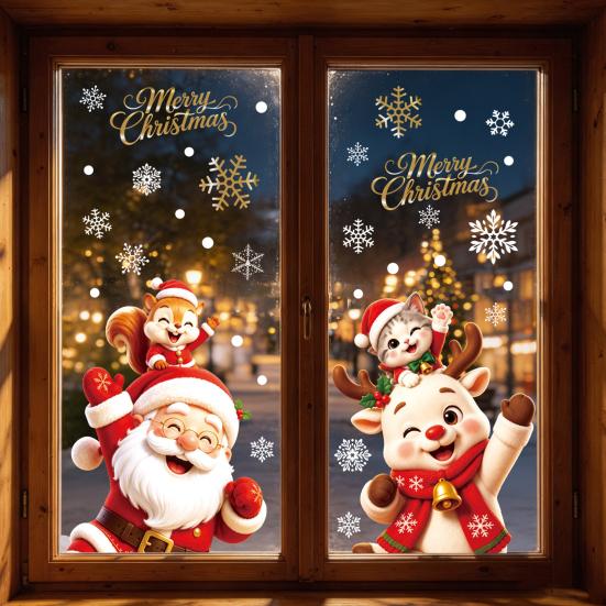 Double Sided Window Ornaments 2Pcs Christmas Clings, Santa Claus Elk Static Decals, Festive Shop Supplies Removable Cute Cartoon Holiday Stickers for