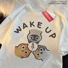 Wake Up 3 Onlookers Of Cats Japanese Style Menswear Cotton Tee Clothes T-Shirts Oversized Quality Shirts Fashion Crewneck Tshirt