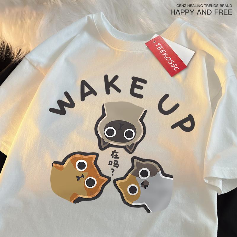 Wake Up 3 Onlookers Of Cats Japanese Style Menswear Cotton Tee Clothes T-Shirts Oversized Quality Shirts Fashion Crewneck Tshirt