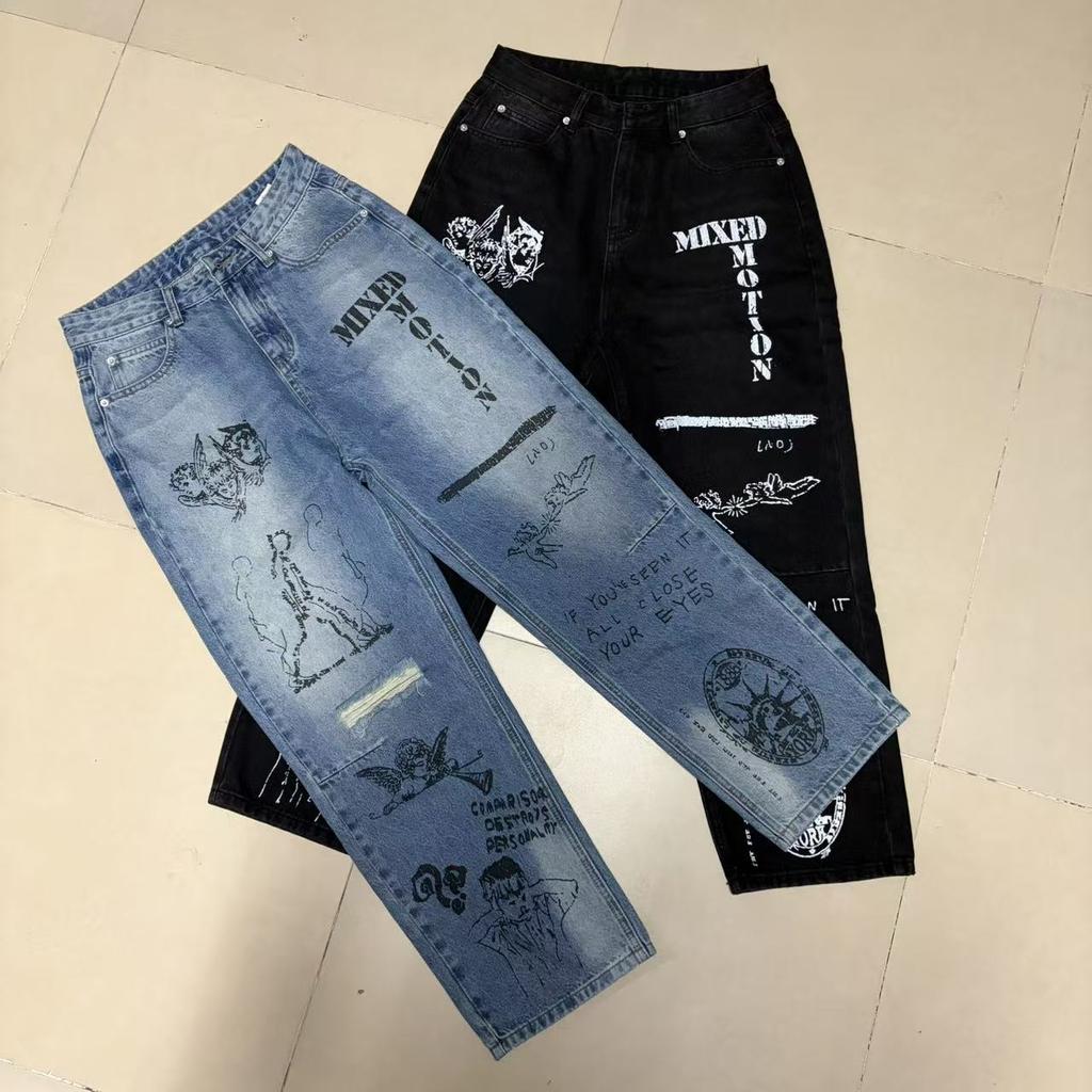 Meichao Jeans Hand-Painted Graffiti Print Knife Cut Casual Straight Legs Pants Trousers Men