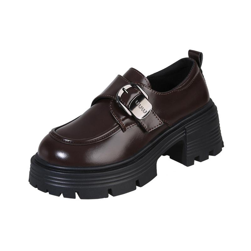 British style platform loafers women's new popular summer and autumn black height-increasing single shoes in 2025, one pedal small leather shoes