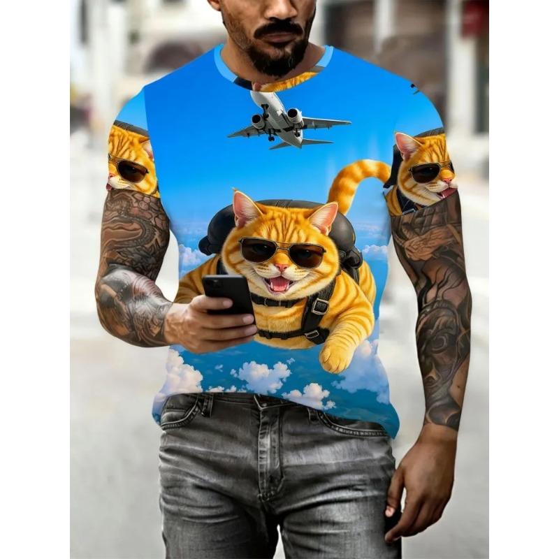 Summer Men's Cat 3D Printed Crew Neck T-Shirt Fashion Versatile