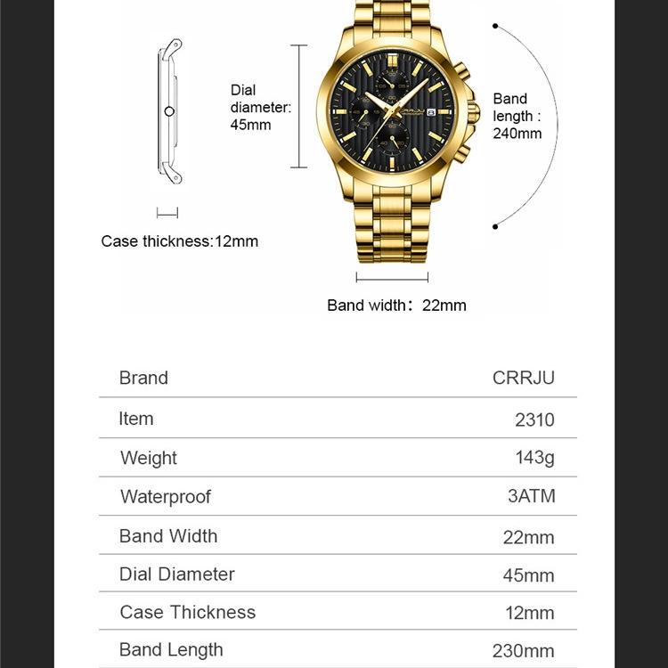 CRRJU New Watch 2310 Men's Watch Solid Stainless Steel with Simple Business Watch Atmosphere