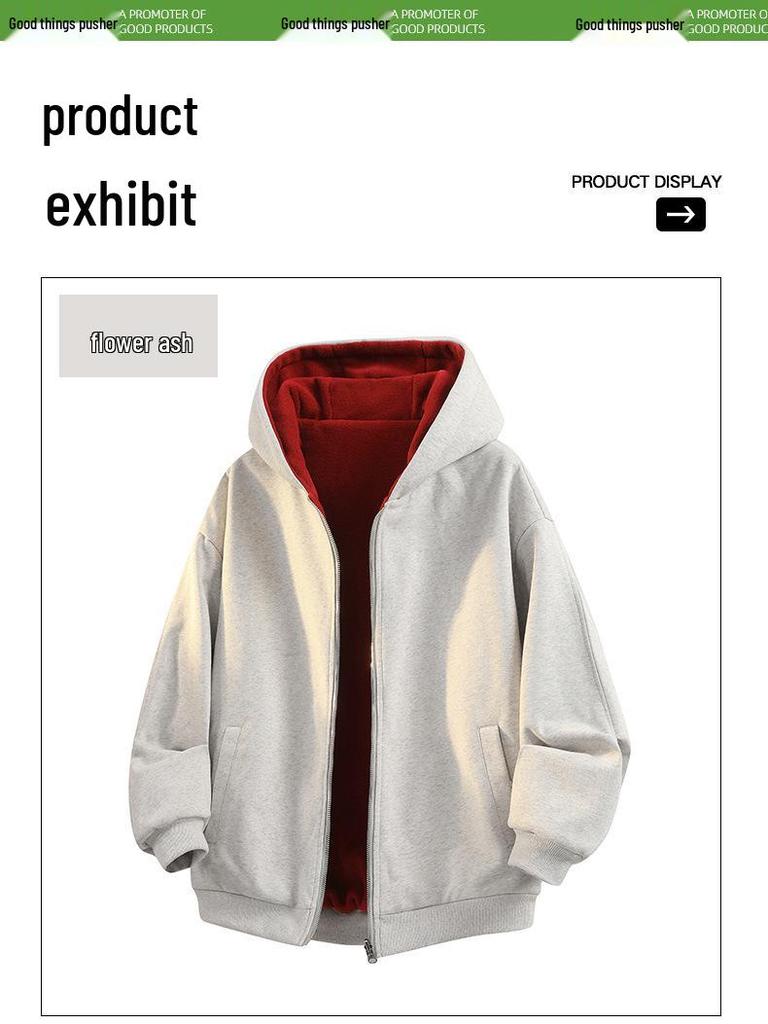 Men's Reversible Trendy Loose Hooded Jacket, Black/Light Gray, Spring/Autumn Casual Sportswear.