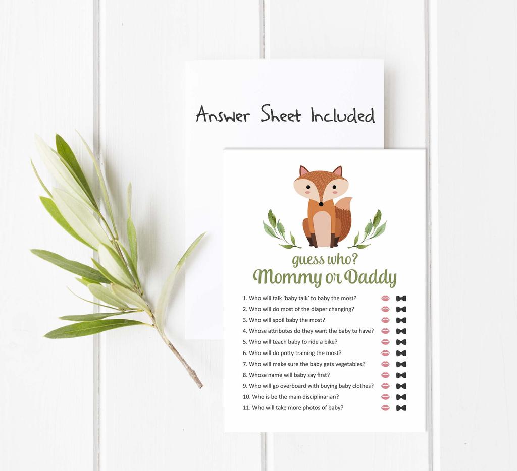Inkdotpot Who Said it Game Mommy Or Daddy 50 Sheet Fun Baby Shower Game Gender Neutral Fox Animal Party Supply