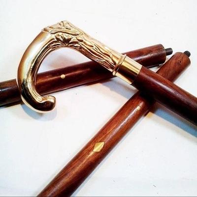 Houten Sheehan antieke opvouwbare wandelstokken met messing handvat